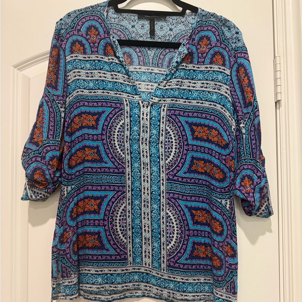 Boho Paisley Print V-Neck Tunic Top in Teal and Purple
